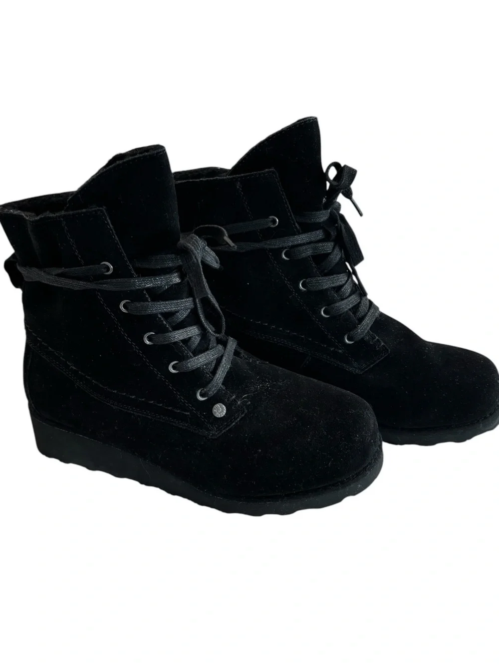 BearPaw Black Suede Lace-Up Wedge Ankle Boot